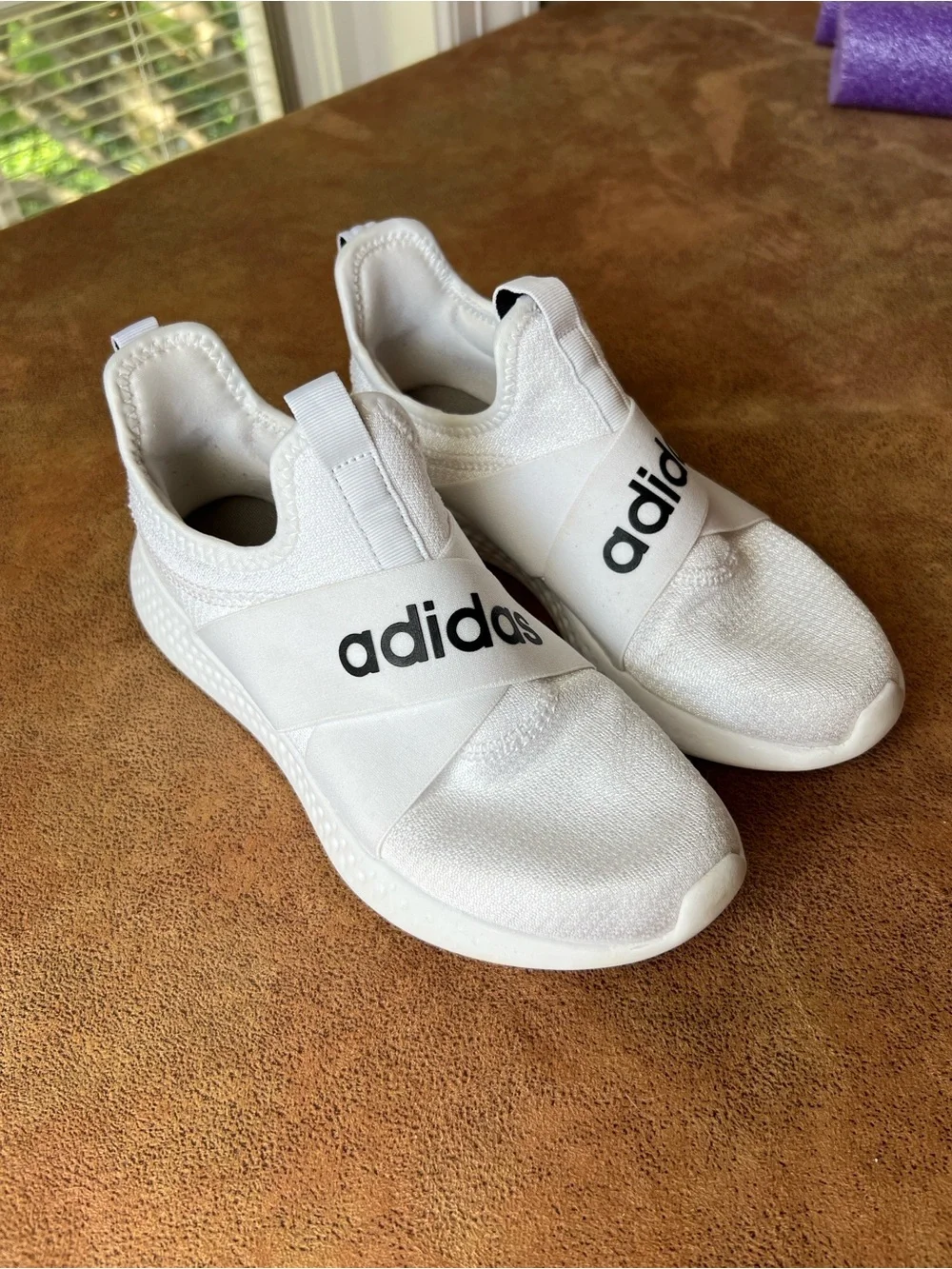 adidas White Slip-On Sneakers with Black Logo Strap. Size 6.5